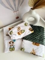 rinkinys vežimėliui Dovanėlės, komplektas kurį sudaro minky pledas, paklodė su guma ir plona pagalvėlė