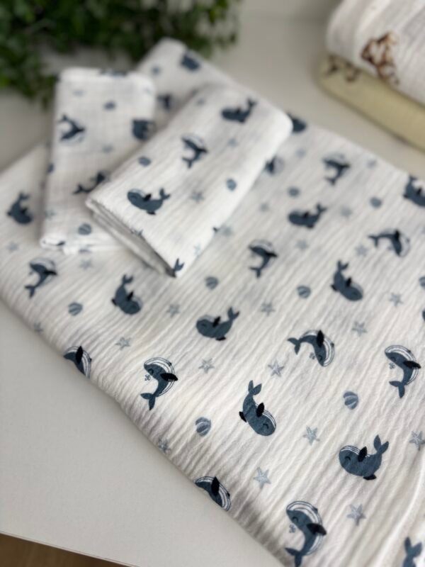 muslino rinkinys Banginiai, pledukas ir du tokio pačio rašto merliukai